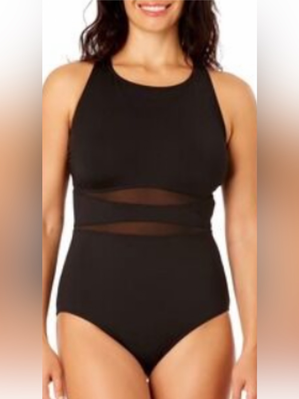 Lands’ End Black High Neck One-Piece Swimsuit XL – Tummy Control Mesh Insets
